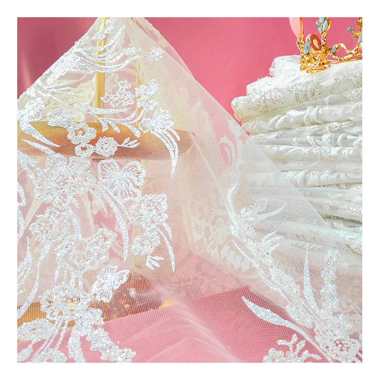 2021 Luxury Traditional Flower Pattern Sequins Glitter Sparkle Embroidered Lace Tulle Fabric For Womens Wedding Dresses