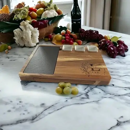 Custom Slate And Ceramic Aperitif Cheese Plate Extra Large Acacia Wood Charcuterie Board Set with Cutting Utensils And Trays