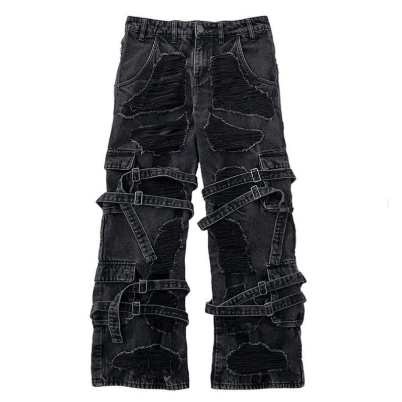 DiZNEW fashion stylish trendy designer light black Strap decoration jeans allover distressed custom jeans for men