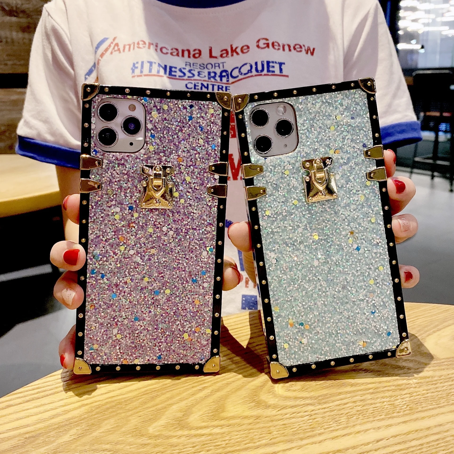 
Accept small order women luxury anti-fall fashion luminous glitter square phone case for iphone 11 pro max 