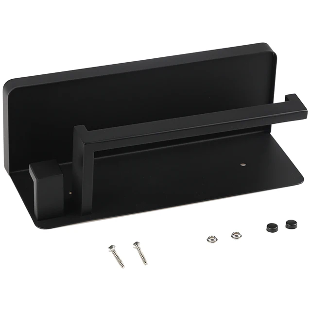 2022 New Design Self Adhesive Matte Black Stainless Steel Wall Shower Organizer Bathroom Storage Shelf with Towel Bar Hooks