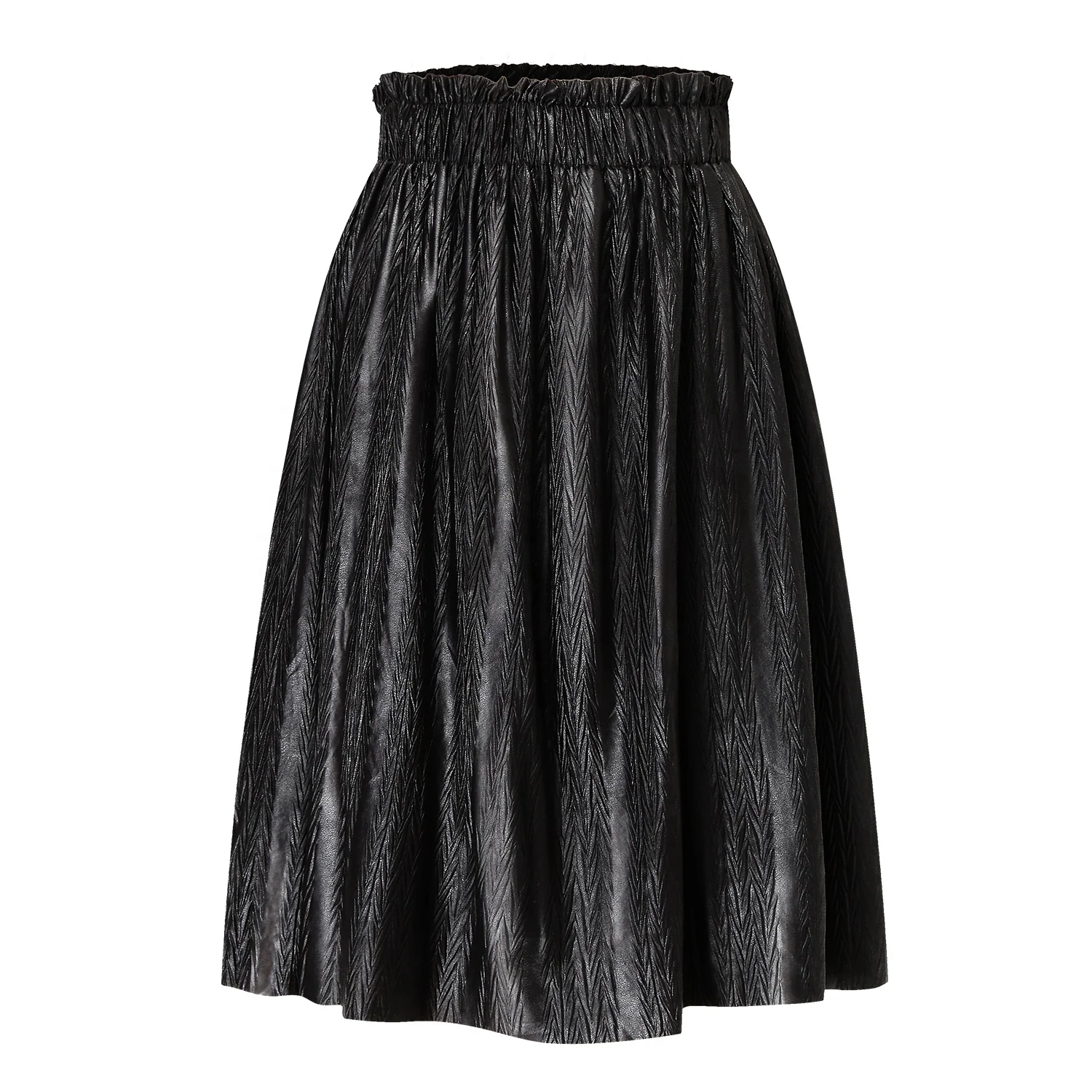 Custom Black Embossed Shimmer Shirred Waist Taffeta Gothic Midi Pleated Skirts for Women Ladies Long Casual