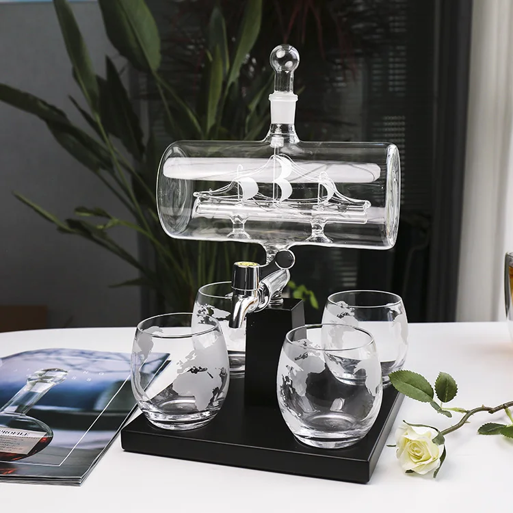 Antique Ship boat shaped glasses and decanters bottle Liquor wine whiskey decanter set