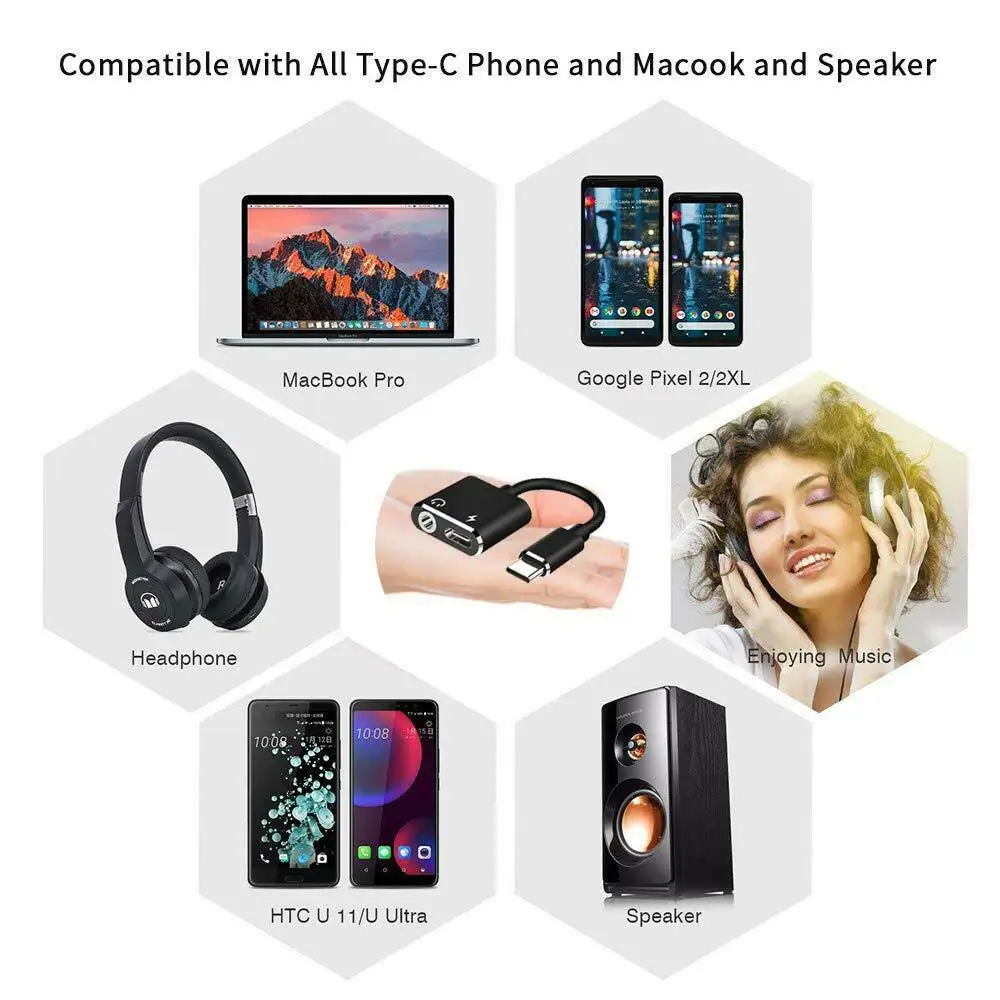 Type-C to 3.5mm Jack AUX Audio Headphone USB-C Charging Adapter Splitter Cable 2 in 1 Digital Audio Charger