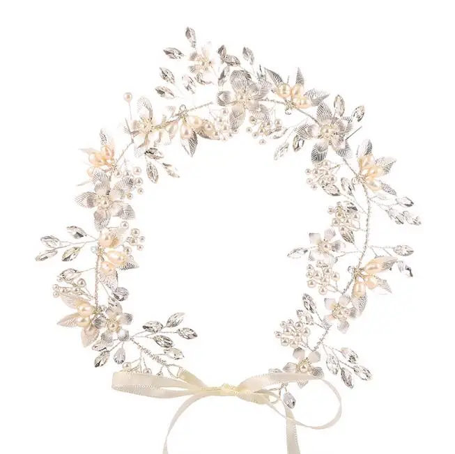 Hot Sale Handmade Headpiece Bridal  Hair Accessories Leaf Flower Pearl Wedding Headbands With Ribbon for women