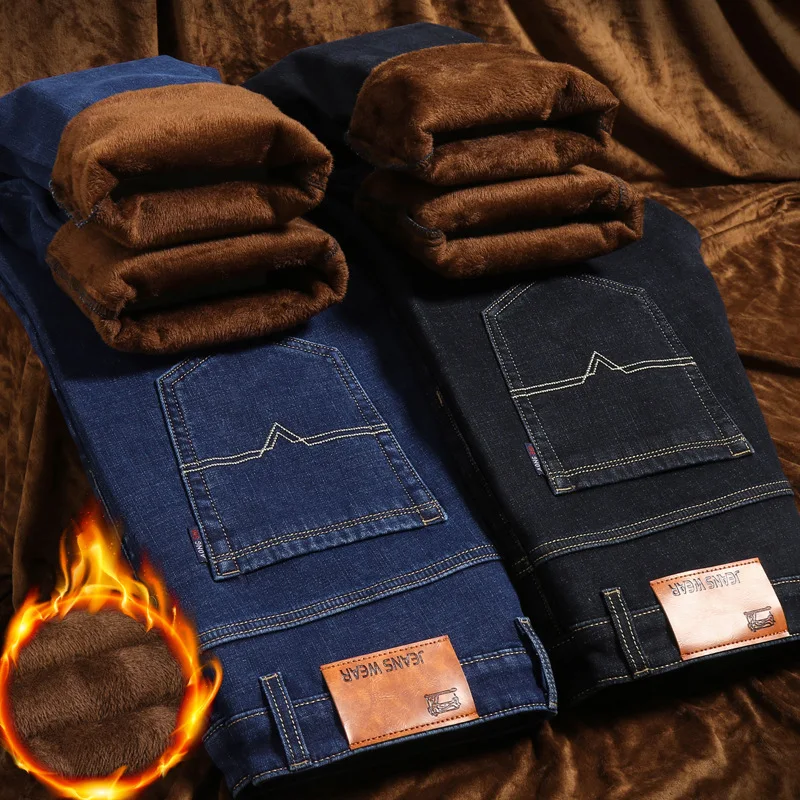 Promotional winter fleece jeans wholesale comfort stretch men denim skinny 100%Cotton jeans