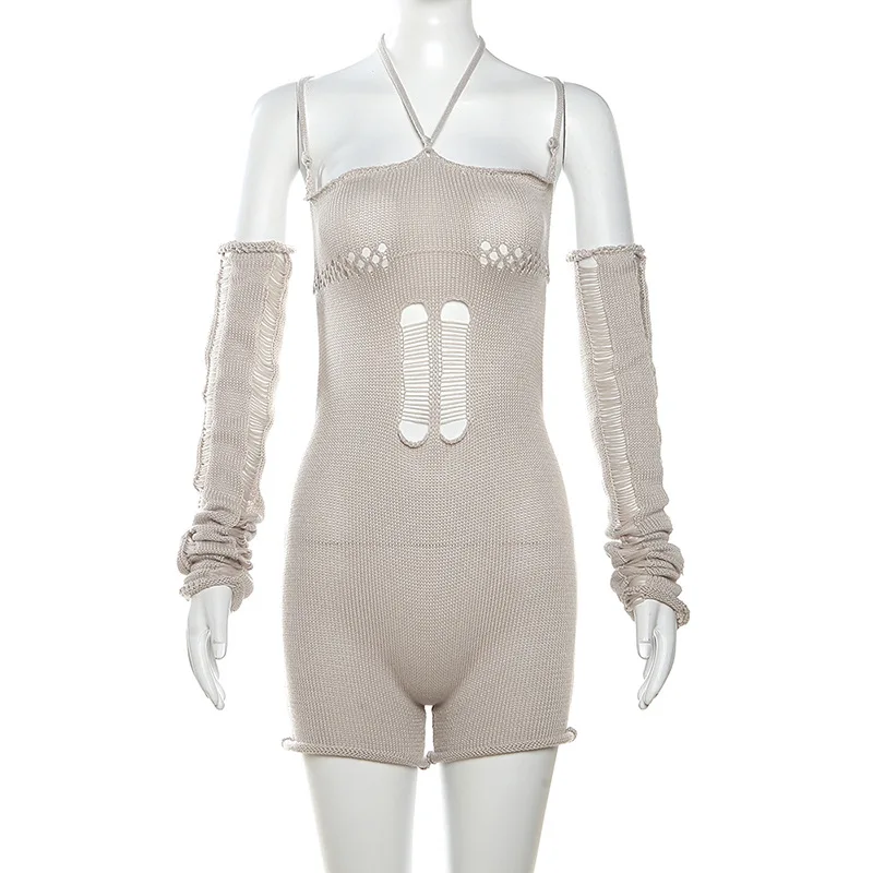2023 Wholesale Fall Y2k Sexy Knit Sweater Stylish Women Jumpsuit With Long Sleeve Backless Short Bodysuits for Women