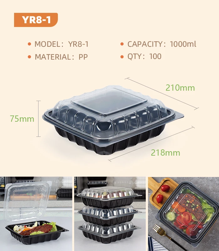Double Color Pro-View 3 Compartment Anti Fog 9 Inch  Heavy Duty PP Clamshell Container With Clear Vented Lid And Black Base