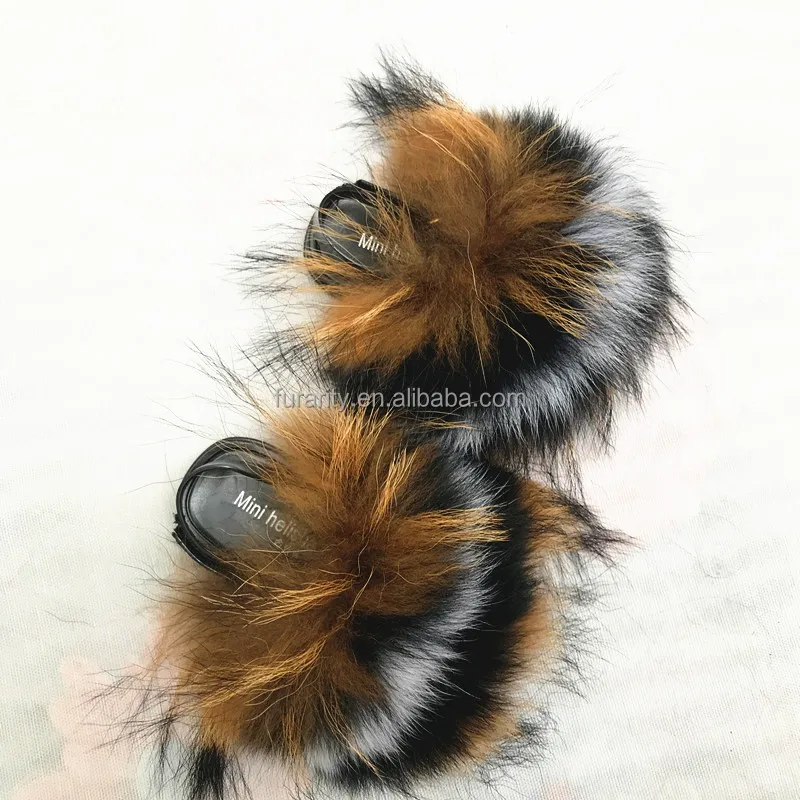 
Real Fur Slides Raccoon Fox Slides Fuzzy Sandals Furry Slides Kids Fur Slippers 