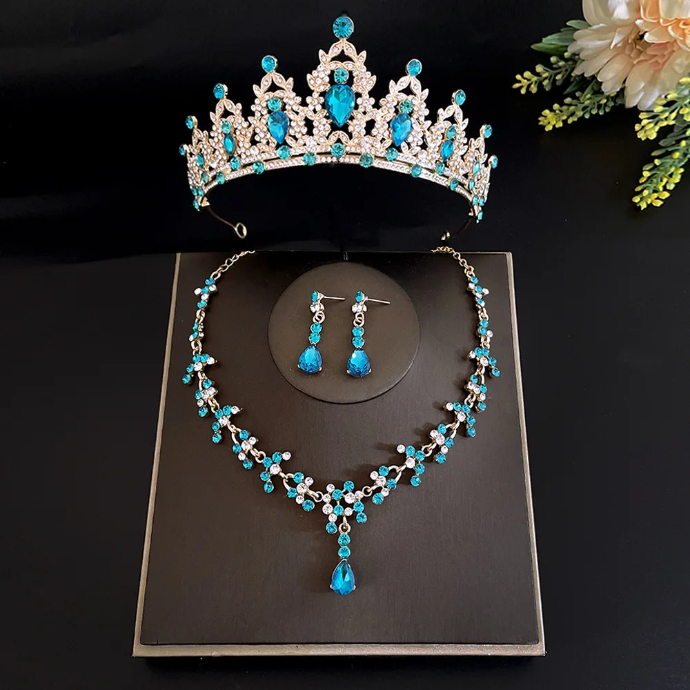 Bride Colorful Crystal Wedding Tiara Three-piece Bridal Necklaces Earrings Rhinestone Jewelry Sets