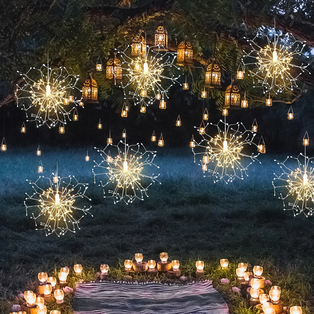 Outdoor Party Holiday Frame Round Ball Chandelier Ceiling Pendant Flashers Led Firework Solar Fairy Light Bulb For Garden