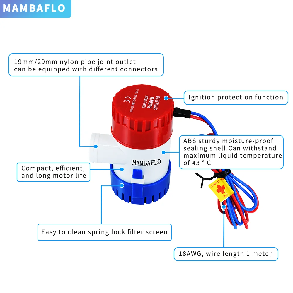 MAMBAFLO 12V/24v DC 500GPH Electric Bilge Water Pump For Boat Pump,Type high flow rate Submersible Pump,manual sea water pump
