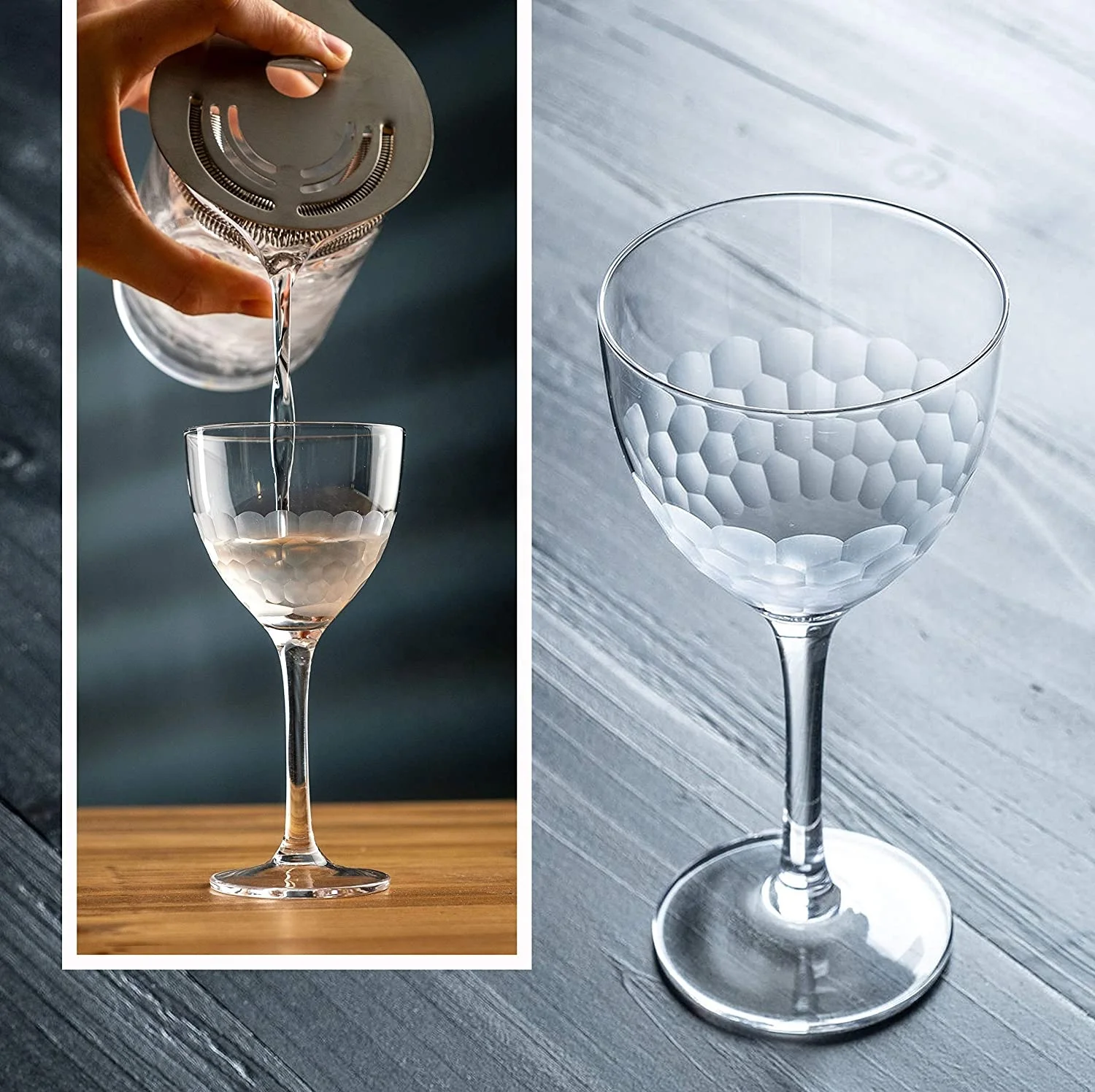 Hand Etched Vintage Small Coupe Cocktail Glass to Serve Manhattan Martini Honeycomb Hammered Nick and Nora Glass
