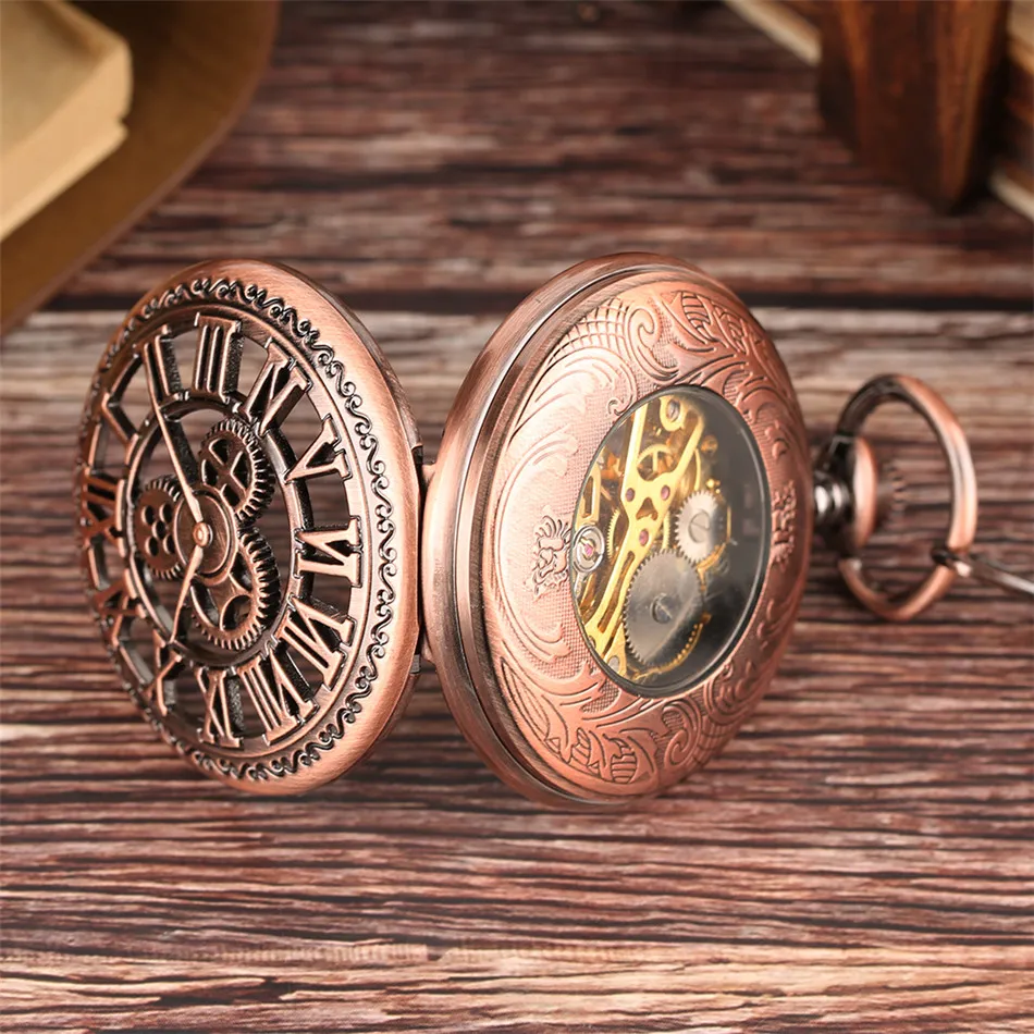 Black Gear Wheel Hollow Roman Numerals Pocket Watches Hunter Mechanical Pocket Watch Hand Winding Mechanical Pocket Watch