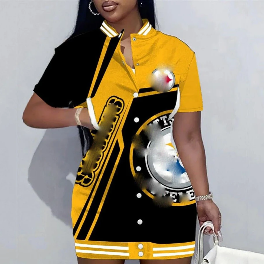 New custom full teams American football 49 Steeler plus size short dress limited edition button down long sleeve jacket dress