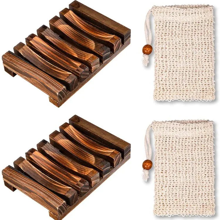 Best Selling Handmade Bamboo Soap Dish Set Wooden Dish Holder with Exfoliating Soap Bag