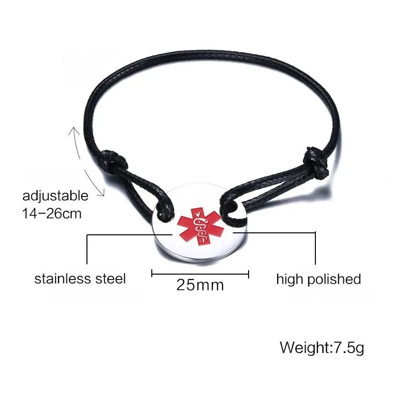 Hot Sales Promotional Gift  Custom Stainless steel Black Wax Cord Bracelet With Logo Engraved Medical Symbol Bracelet Tags
