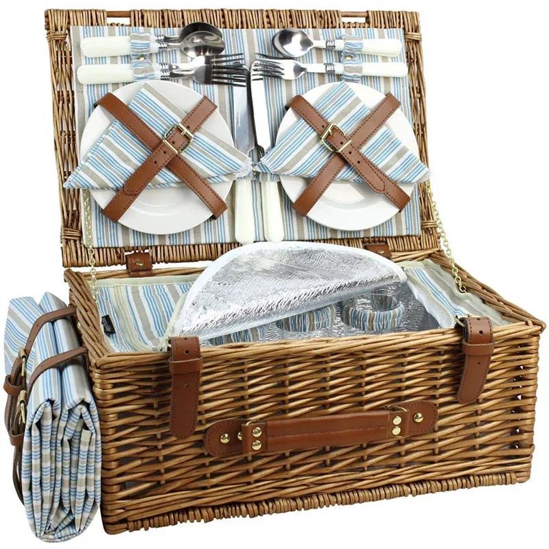 Large Willow Hamper 4 Person  Wicker Picnic Basket  with Insulated cooler Compartment