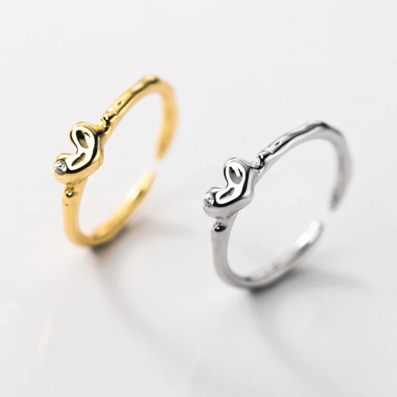 Real 925 Sterling Silver 18k Concave Zircon Heart  Adjustable Ring For Fashion Women Cute Fine Jewelry Minimalist Bijoux