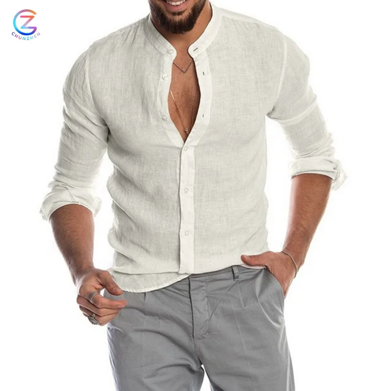 Quick Drying Mens Lone Sleeve Shirt Mature Men Cardigan Flax Plain Dyed Linen Blouse Shirts