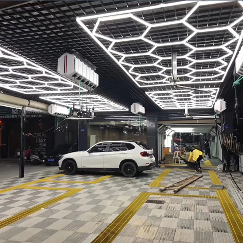 Car Detailing Led Garage Light Hexagonal Grid Systems Gym Lights For Garage Workshop With Aluminum Border Hex Light
