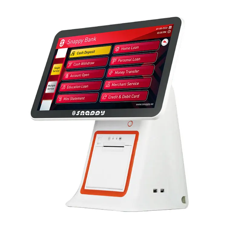 Snappy queue management system multi language support 15.6 inch ticket dispenser counter free stand kiosk