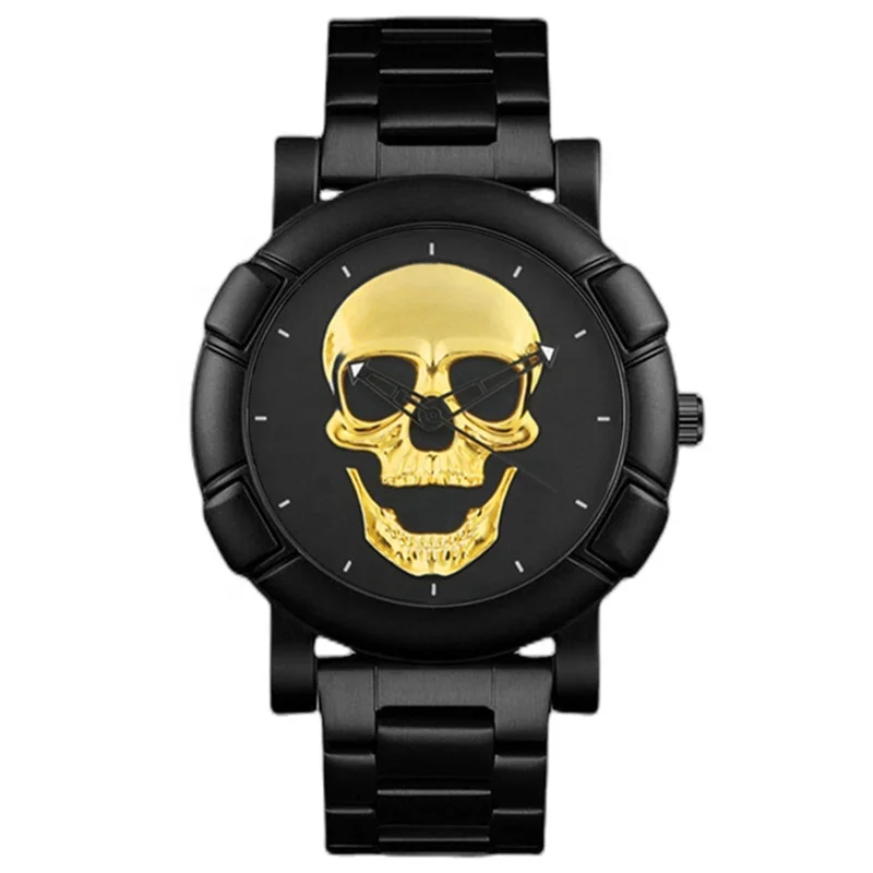 Y335 New arrival popular Luxury black round steel  strap human skeleton skull quartz watch for men