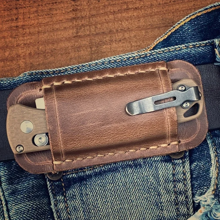 Outdoor Horizontal Carry Sheath Folding Knife Holder Belt Leather Pouch For