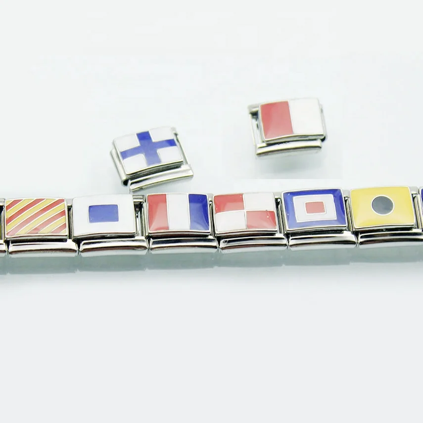 26 Nautical flag boat banner alphabet links hand enamel International Navy maritime signal code letter Italian Charm Bracelet