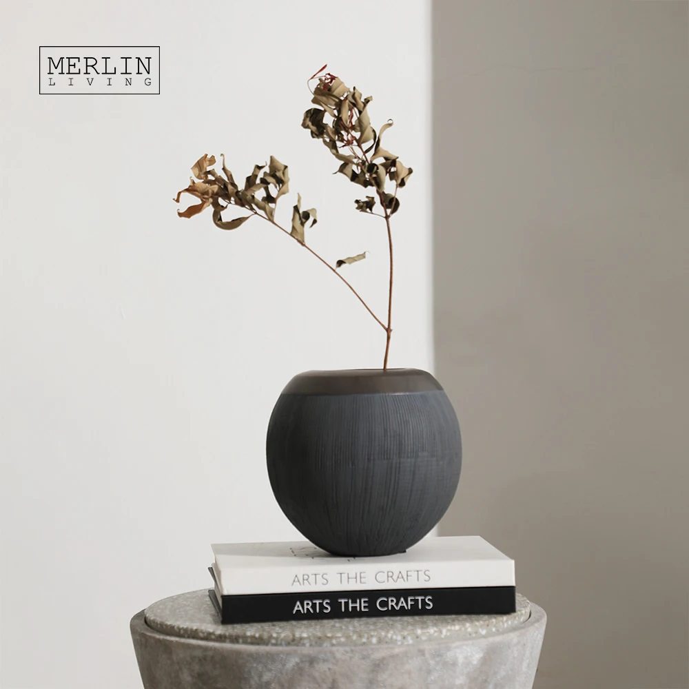 Merlin Living vintage metal copper glazed plating pottery vase fluted geometric spherical round home decor for ceramic vase