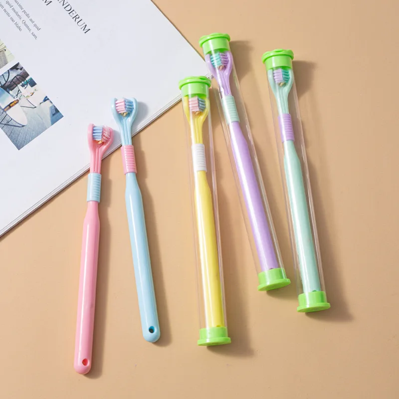 Wholesale 3D Autism Toothbrush with 3-sided Three Bristle Travel Plastic Case for kids adult baby Teeth and Gum Care Cleaning