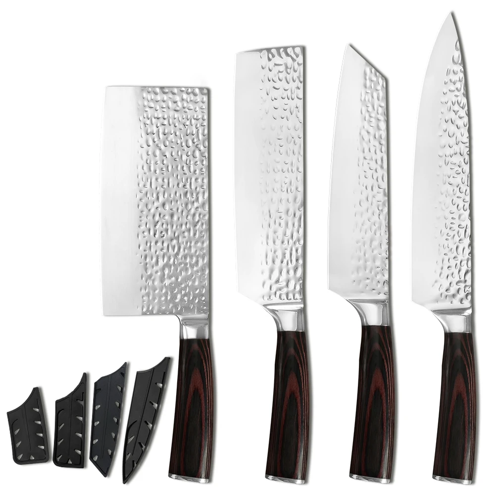 Super sharp Non Stick Hammer Blade Wood Handle 440C 4Cr13 Stainless Steel Chopping Set Kitchen Knives 4pcs Knife Set