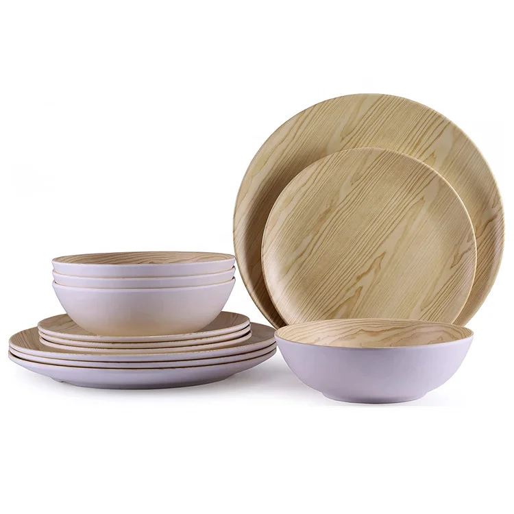 Unbreakable Melamine Dinner set    Dinnerware sets tableware Dishes Set for Indoor and Outdoor Use   Bamboo (Wood grain)