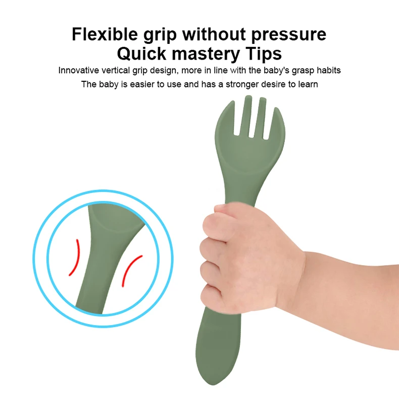 BPA Free Baby Feeding Spoon And Fork Infant First Stage Eating Spoon Set Soft-Tip Material Toddler Weaning Silicone Baby Spoon