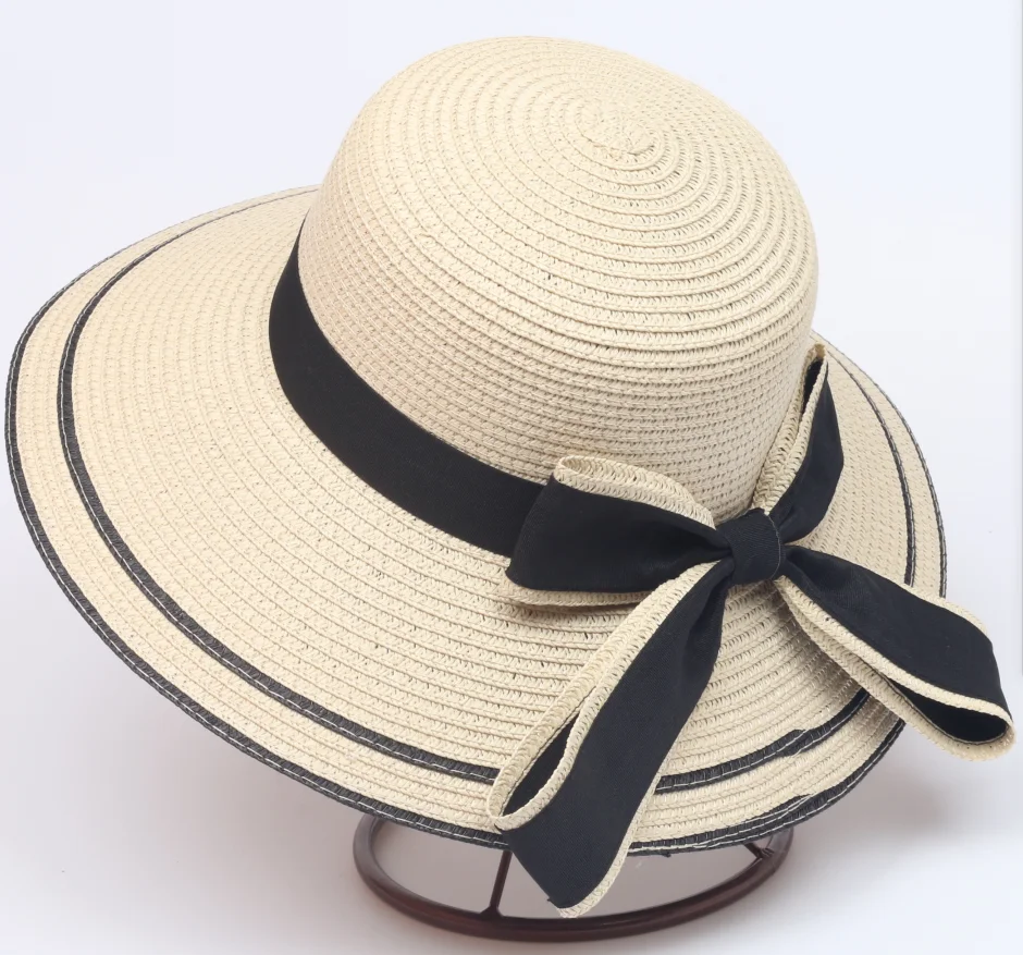 
Wholesale and cheap Dome flat big brim black bow bowknot straw hat Summer seabeach Hats For Women 