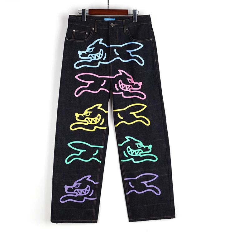 custom selvedge graphic denim jeans baggy straight fit leg black screen printed men jeans