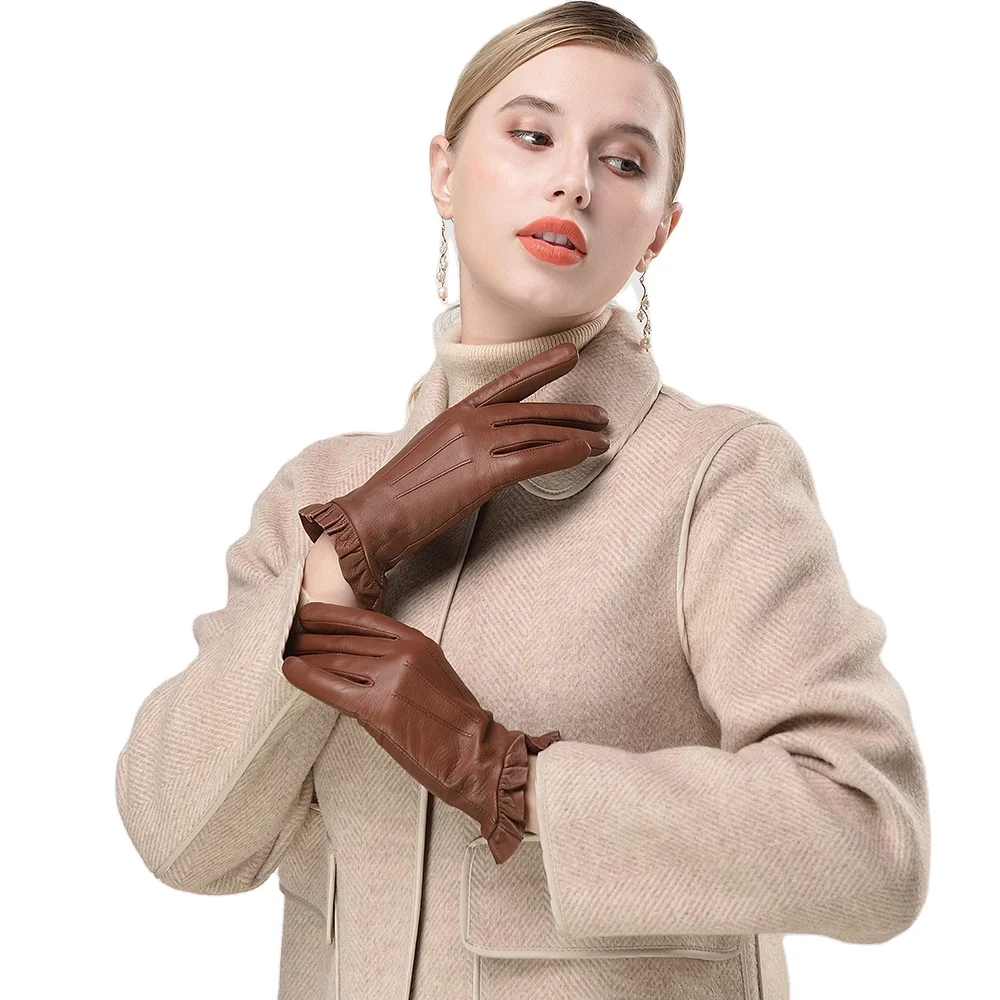 Kulanyane Frill Cuff Design Lady Winter Warm Keeping Leather Gloves Daily Wearing