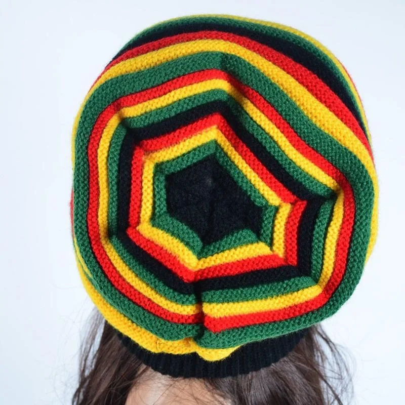 Fashion Jamaican Reggae Cap Multi Colour Striped Hat Crochet Slouchy Baggie Beanie Skullies Rasta Hat Unisex