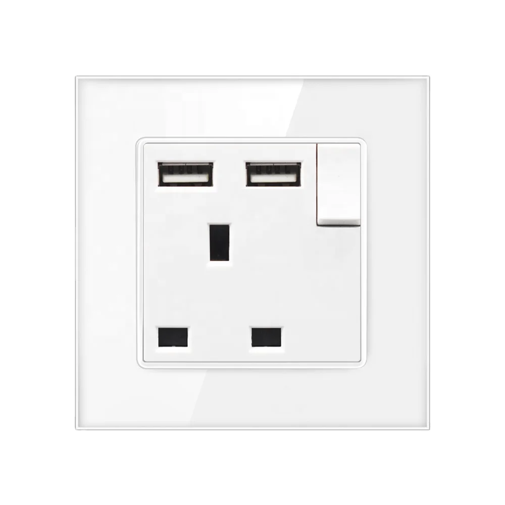 SRAN bs 13amp socket with switch white Tempered glass panel 86mm*86mm 2 usb wall socket uk