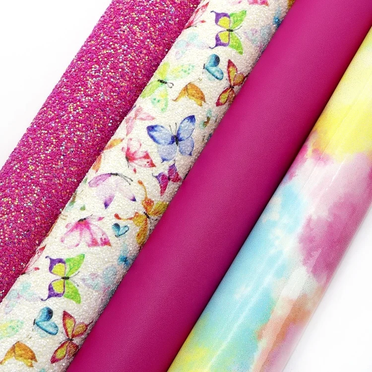 4pcs/set Flower Butterfly Print Faux Leather Material Mix Glitter Sheets Synthetic Leather Fabric For Diy 28333