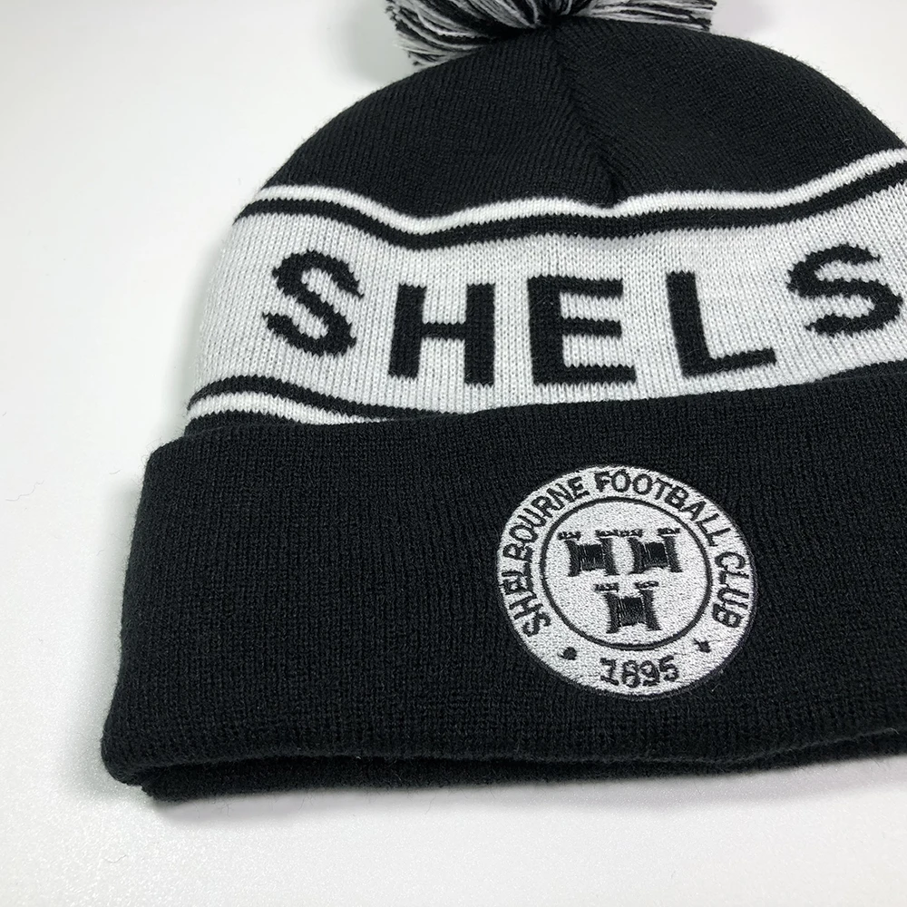 Custom jacquard stripe pom pom winter hats Unisex high quality sports college name embroidered toques Adult designer beanies men
