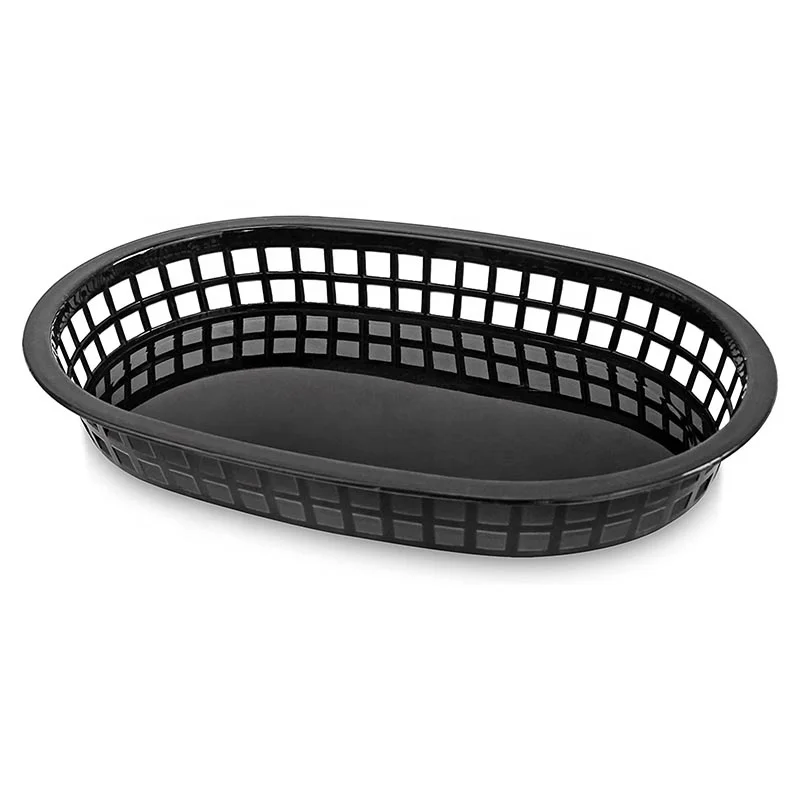10.5 x 7 Inch Black Plastic Fast Food Baskets ood Service Tray for Hot Dogs Burgers Sandwiches Fries Barbecues Picnics