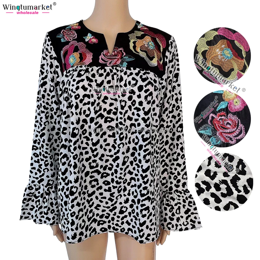 Vintage boho shift tops loose fit cowgirl floral custom prints leopard embroidered shirts blouses for women