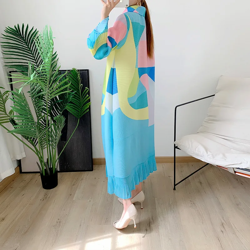 High Quality Miyake Pleated Print Shirt Dress Petal Fashion Casual European and American Women Plus Size Dress