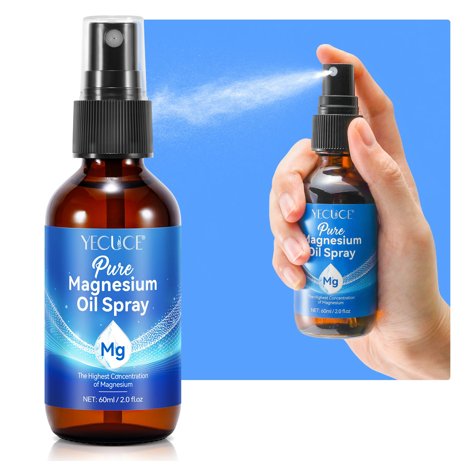 YECUCE private label 60ml deodorant reduces stress pure magnesium cramp oil spray,magnesium mist daily body oil spray all skin