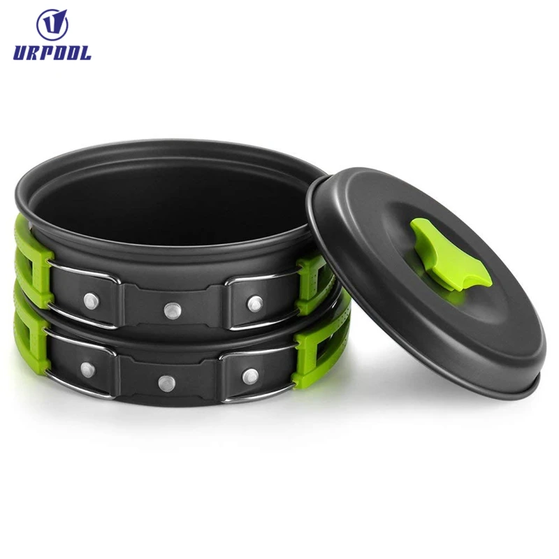 Portable Anodized Aluminum Camping Cookware Set with Green Handles Green Handles Frying Pans Outdoor Camping Amazon Exclusive