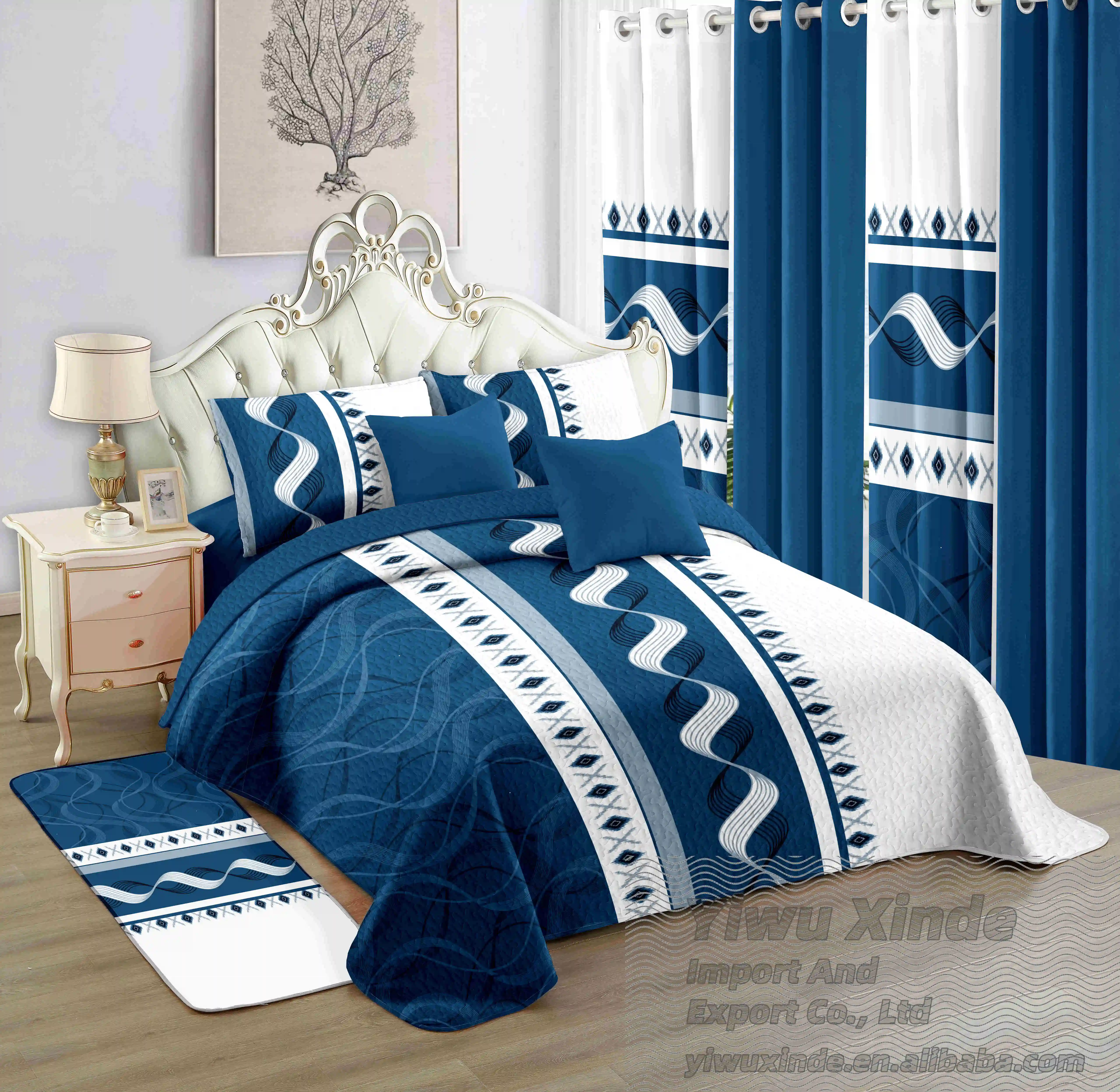 wholesale cheap 12pcs bedspread set with curtain king bedding set in stock customize cotton sheet bed spread set bedspreads