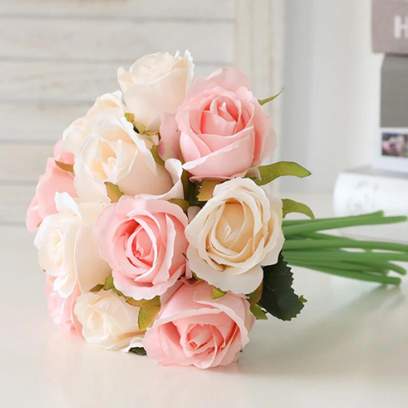 Wholesale Artificial Plants Flowers In Bulk Decorative Fake Flowers Green Plants Faux 12 Heads Silk Flower Bouquet For Wedding