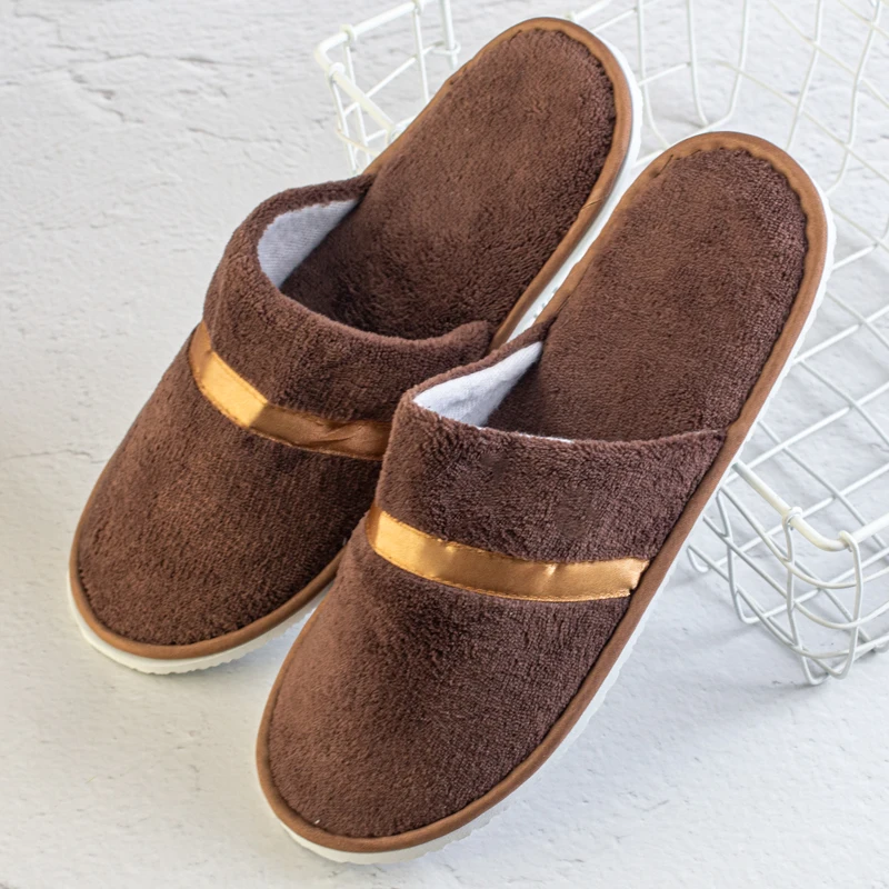 Brown Ribbon Luxurious Disposable Hotel Slippers for Travel Custom Logo Printing hotel supplies amenity