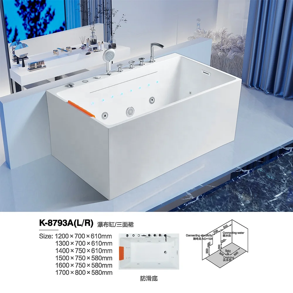 Acrylic Freestanding Rectangle Lazy Spa Hot Waterfall Bubble Bath Tub Control Panel Whirlpools Massage Bathtubs